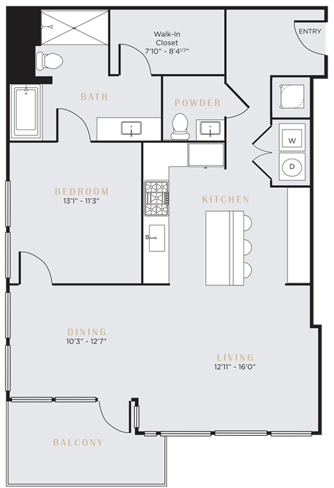 Floor plan for 1 bed, 1.5 baths, 1094 sqft